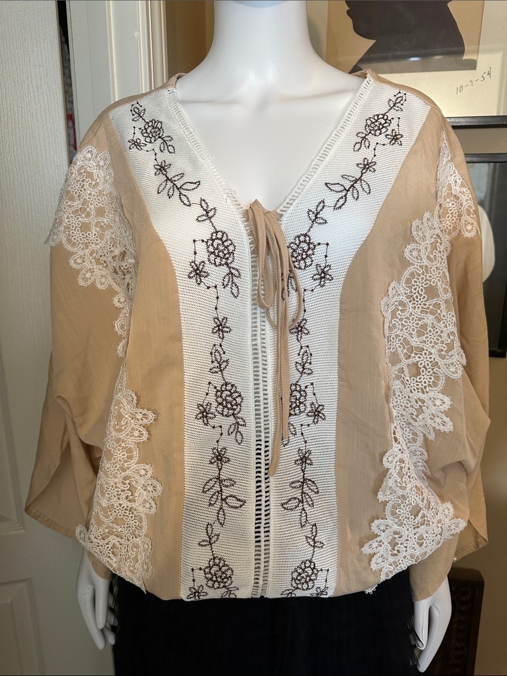 Tan Lace-Embroidered Tie-Front Blouse